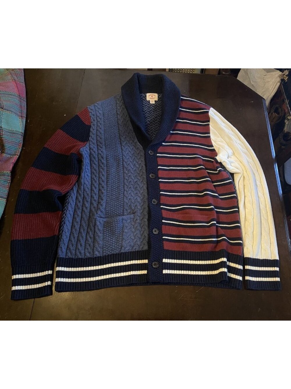Brooks Brothers Shawl Collar Patchwork Cardigan Sweater XL Multi Pattern